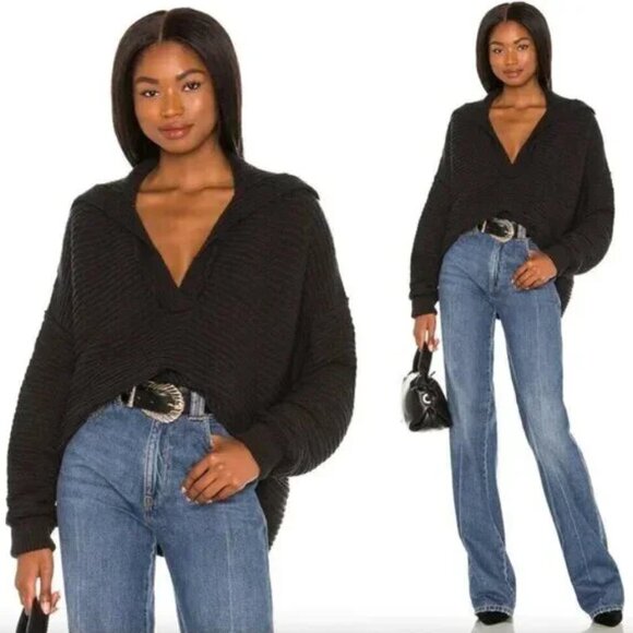 Free People MEDIUM Black Marlie Deep V Fringed Pullover Sweater - Picture 2 of 12